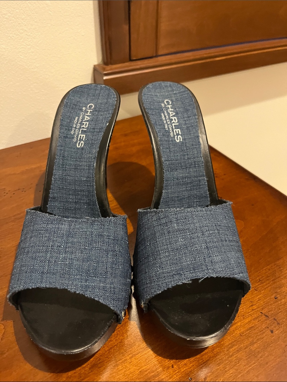 Charles David Slides in Blue Jean Tops